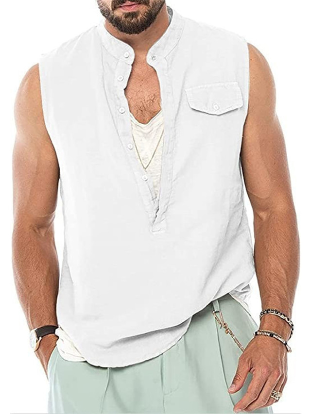 Chemise Homme Couleur Unie Mao Bouton Bas Sans Manches Blanche Noir