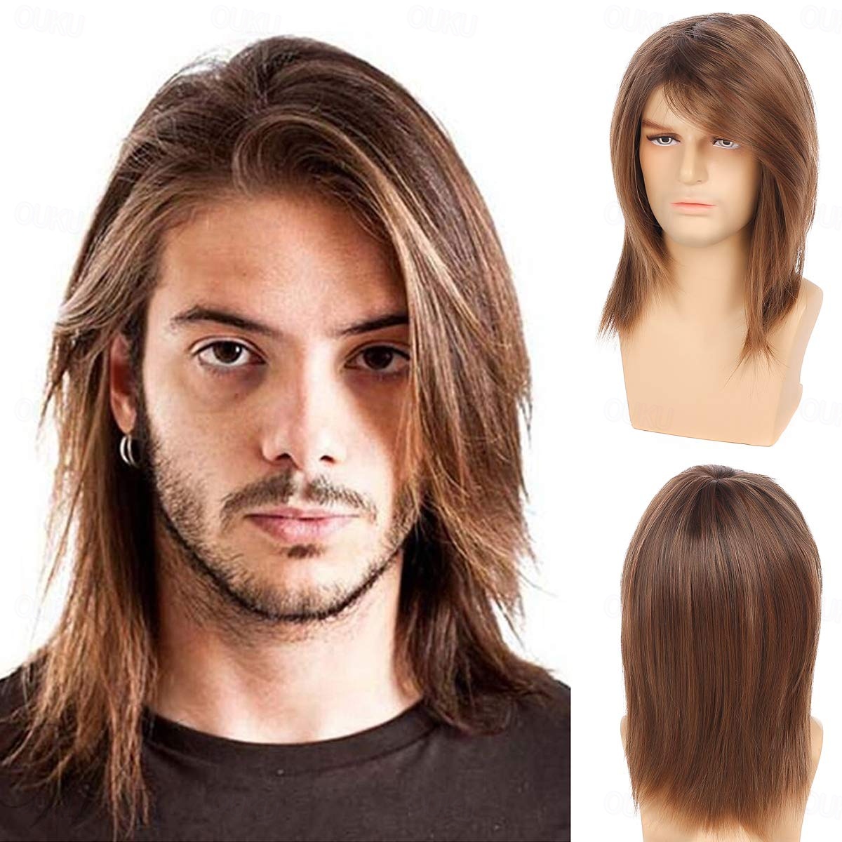2025年 男性用ブラウンウィッグメンズカーリーヘアロング