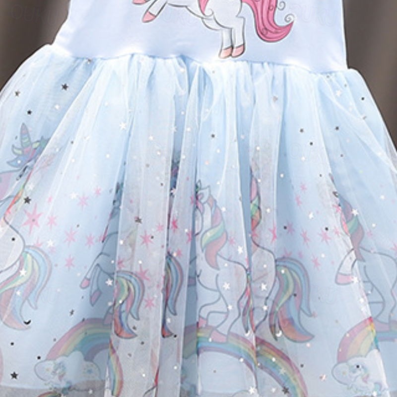 Kids Little Girls' Dress Unicorn A Line Dress Daily Holiday Mesh Print Blue  Pink Knee-length