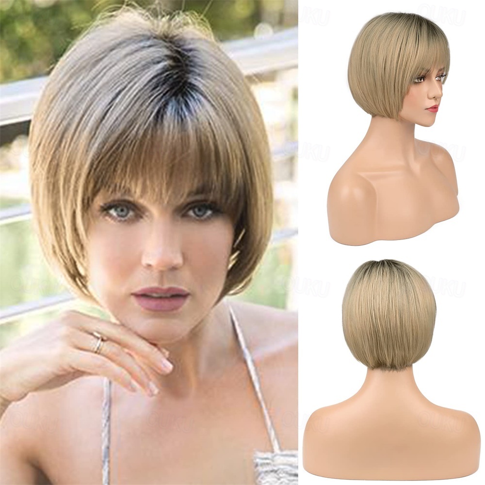 Blonde Bob Wig With Air Bangs for White Women 10 Short Ombre