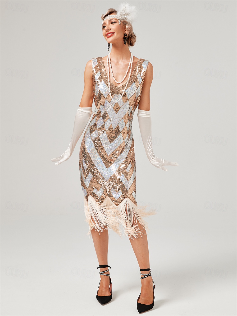 Années Folles Années 1920 Mi-long Robe Robe Charleston Tenues Sans manches Gatsby le Magnifique Invité