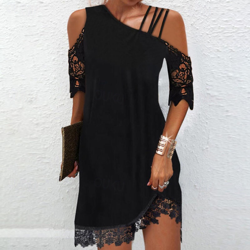chinese dress ladies Cold Shoulder Lace Up Dress MD / Black