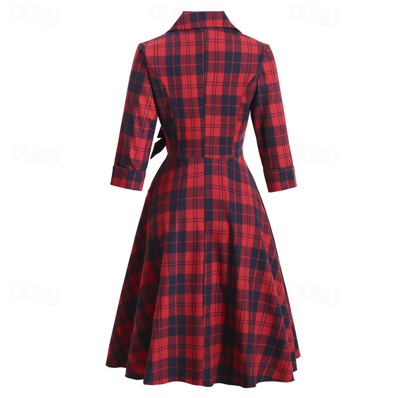 Women's Tartan Dress Swing Dress Plaid Dress Vintage Dress Green Red Long  Sleeve Plaid Lace up Winter Fall Shirt Collar Mature Winter Dress Fall Dress  2022 S M L XL XXL 2026 -  39