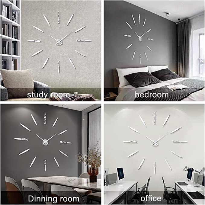 MAXI OROLOGIO ADESIVO DA PARETE EFFETTO 3D SILVER DESIGN MODERNO 60X60 UFFICIO