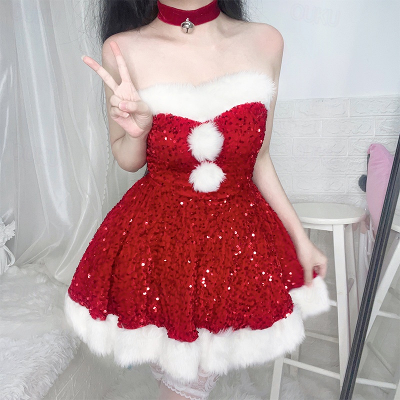 white christmas dresses Christmas Dresses for Women Long Sleeve V-neck Long Waist Tie Dress Tr –  REENOVY main image 0