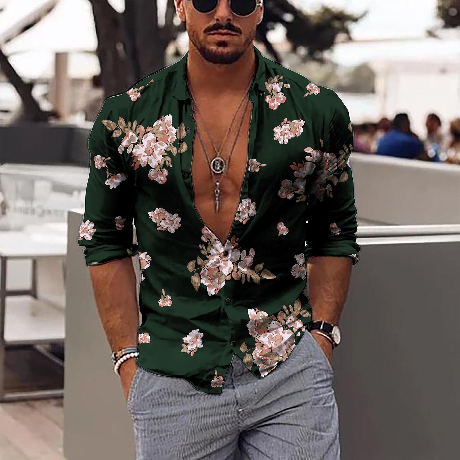dark green green floral button down shirt Men's Floral Shirt Long Sleeve Fashion Designer Casual Outdoor
