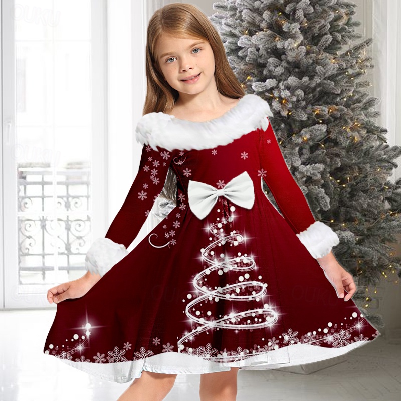 Kids Girls' Christmas Dress Dress Snowflake Dress Tree Christmas Bell Long  Sleeve Casual Fur Trim Crewneck Adorable Daily Polyester Above Knee Casual Dress  Swing Dress A Line Dress Fall Winter 2-13 2026 -  23.09