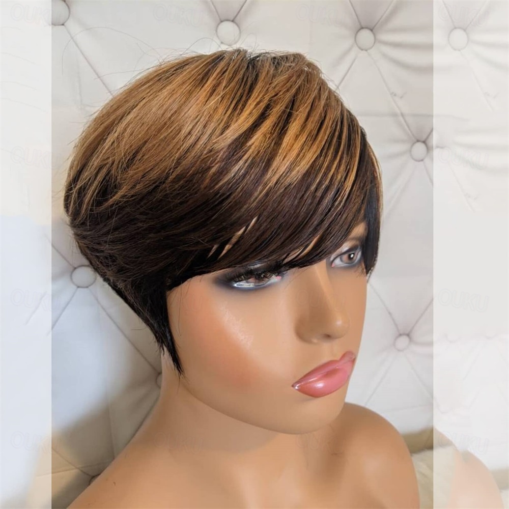 Parrucca Pixie Taglio Corto In Capelli Umani – Nera – ATOZWIG – Caldo Biondo Scuro