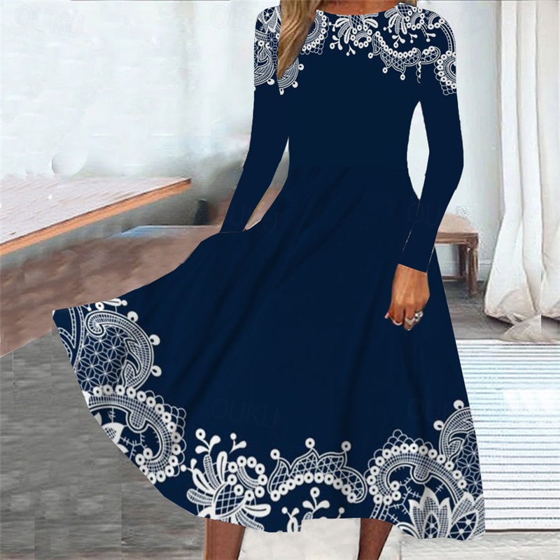 swing dress in winter Women's Midi Casual Dress Dress Dress Fashion Modest Formal Outdoor Party Regular Fit Floral Long Sleeve Crew Neck Navy Blue Spring Fall Winter Autumn 2026 black prom dress with Mermaid Trumpet Floor Prom Dresses Color:Chicory Coffee Discover this burgundy wool
