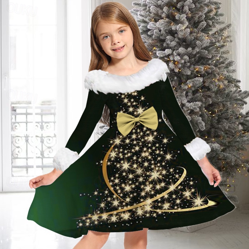 christmas tree swing dress Kids Girls' Long Sleeve Christmas Gifts Casual Fur Trim Crewneck Adorable Daily Polyester Inmo invest