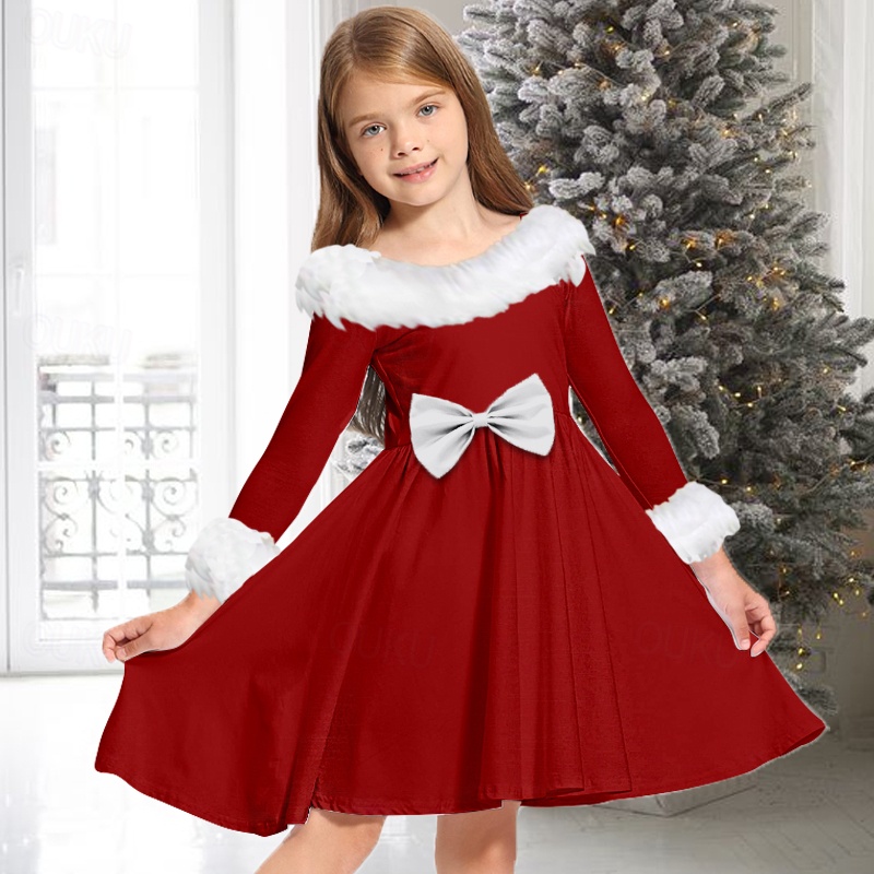 Kids Girls' Dress Solid Color Long Sleeve Casual Fur Trim Crewneck Adorable  Daily Polyester Above Knee Casual Dress Swing Dress A Line Dress Fall  Winter 2-13 Years Black Wine Red 2026 - US $24.99