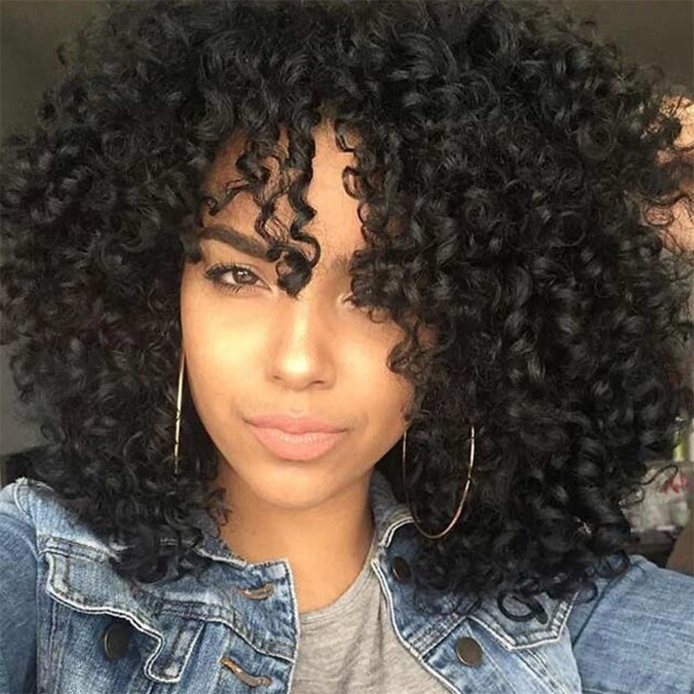 Omber Brown Kinky Curly Wig for Black WomenShort Curly Afro Wigs with BangsSynthetic African American Full Hair Wig 14inch 2024 19