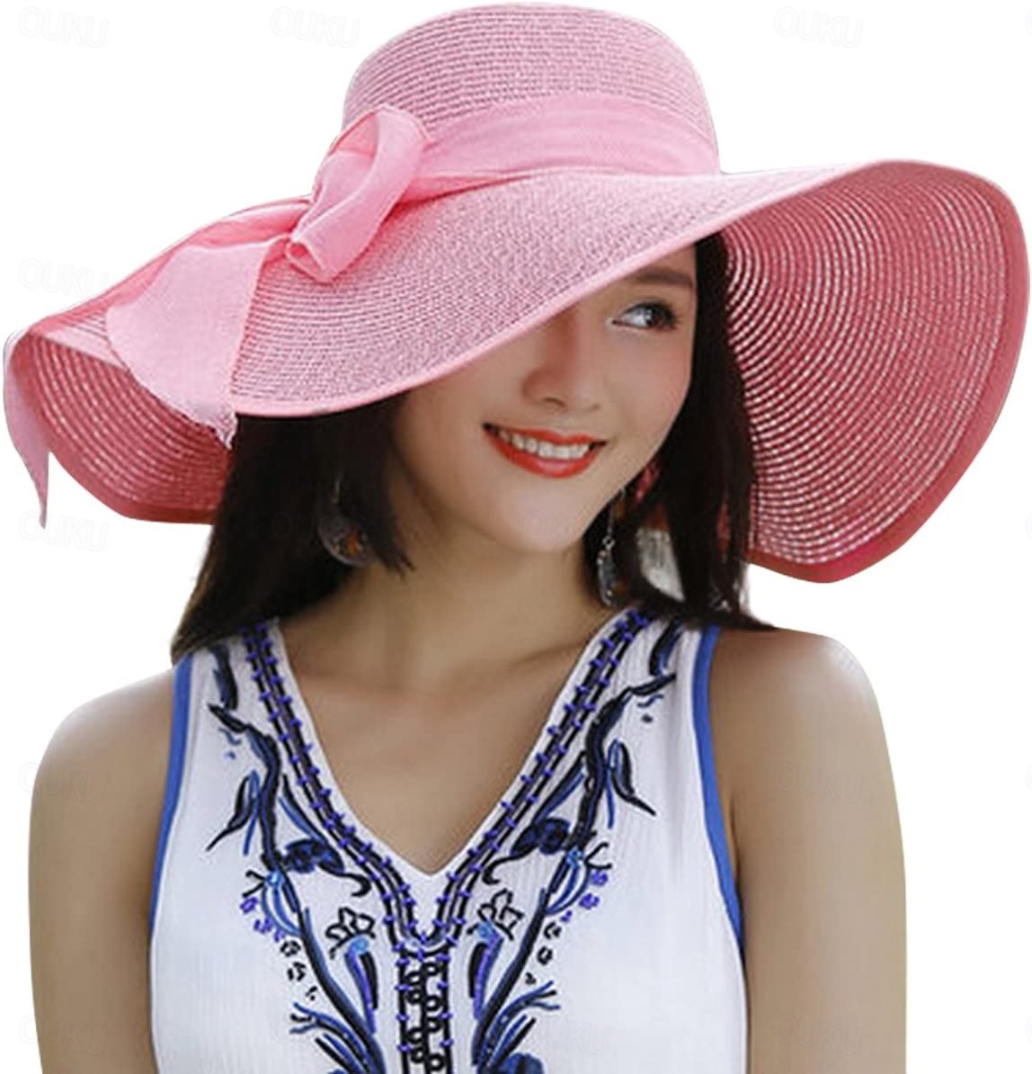 1 pcs Womens 5.5 Inches Big Bowknot Straw Hat Large Floppy  display picture 2