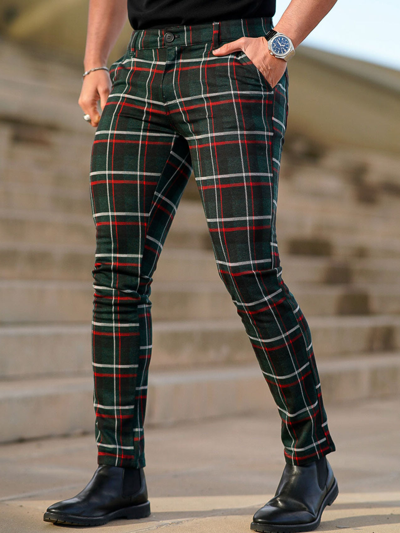 mens black plaid dress pants Mens Plaid Dress Pants Flat-Front Slim Fit Windowpane Trousers For Business  Wedding prom