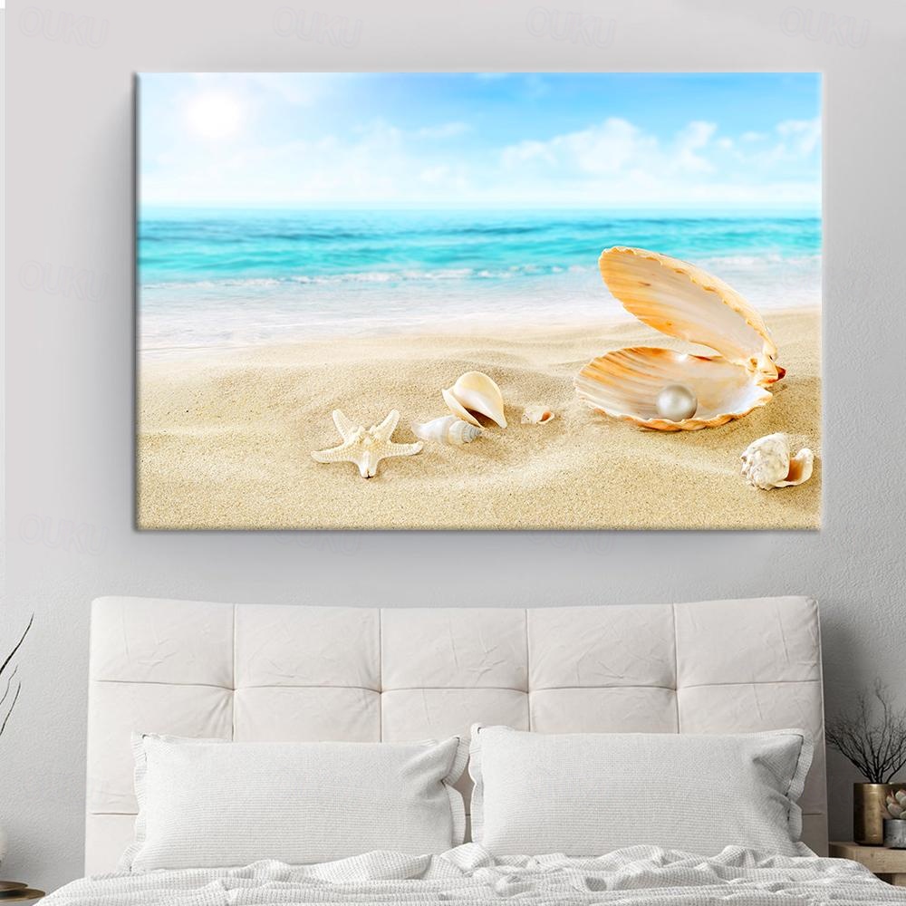 Lienzo Tropical Para Pared - Olas Del Océano Y Hojas De Palm