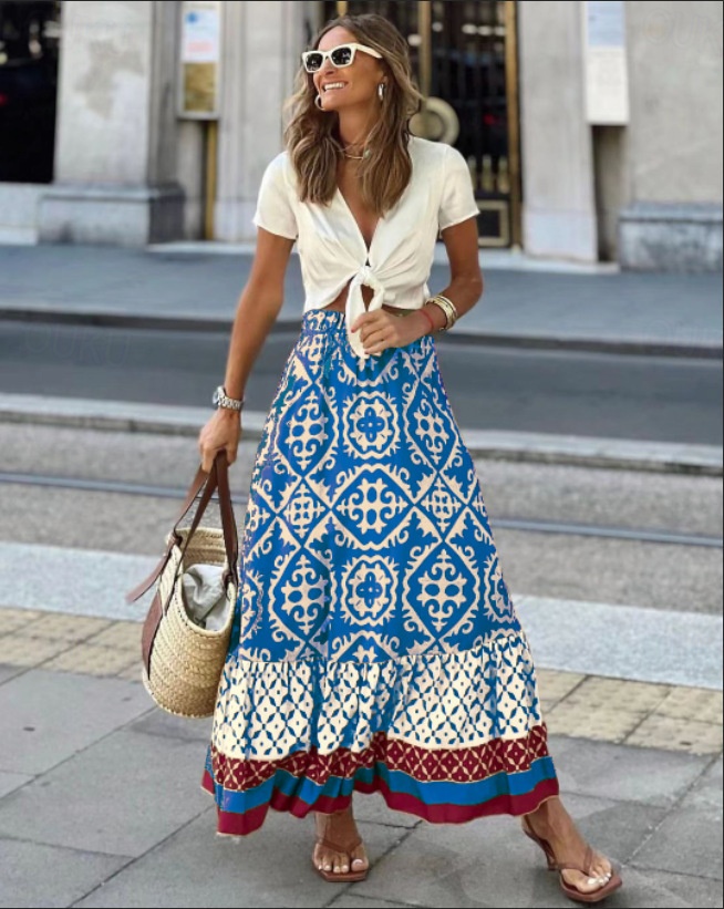 Dames Schommel Lange rok Bohemen Maxi Rokken Ruche Afdrukken Grafisch Straat Vakantie Lente zomer Polyester Modieus oma stijl aan de kust Boho Zwart Lichtgroen Blauw Paars 2024 25.99