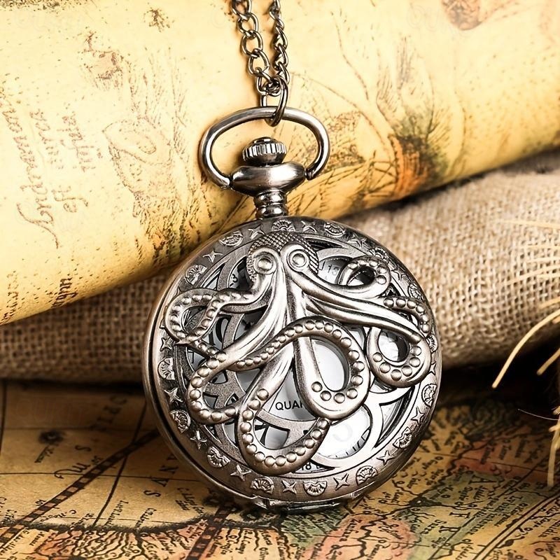 Vintage Pocket Watch with Chain Punk Black Octopus Pattern Creative Flap Retro Pocket Watch 2024 US 9.99