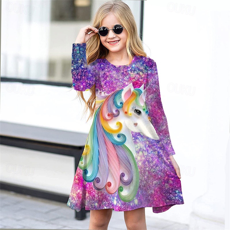 Girls' 3D Galaxy Dress Long Sleeve 3D Print Spring Fall Vacation Daily  Holiday Cute Casual Sweet