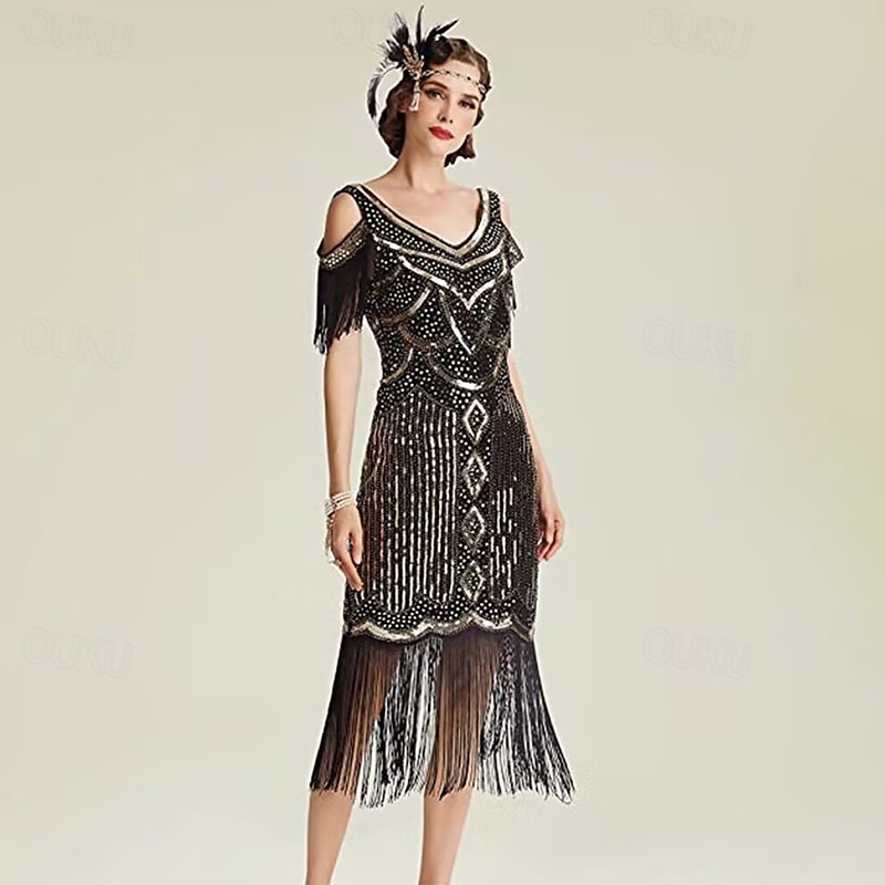 Robe Charleston Années 20 Paillettes - Costume Gatsby Femme Vintage Avec Franges Et Perles - Pour Fête Carnaval - 10