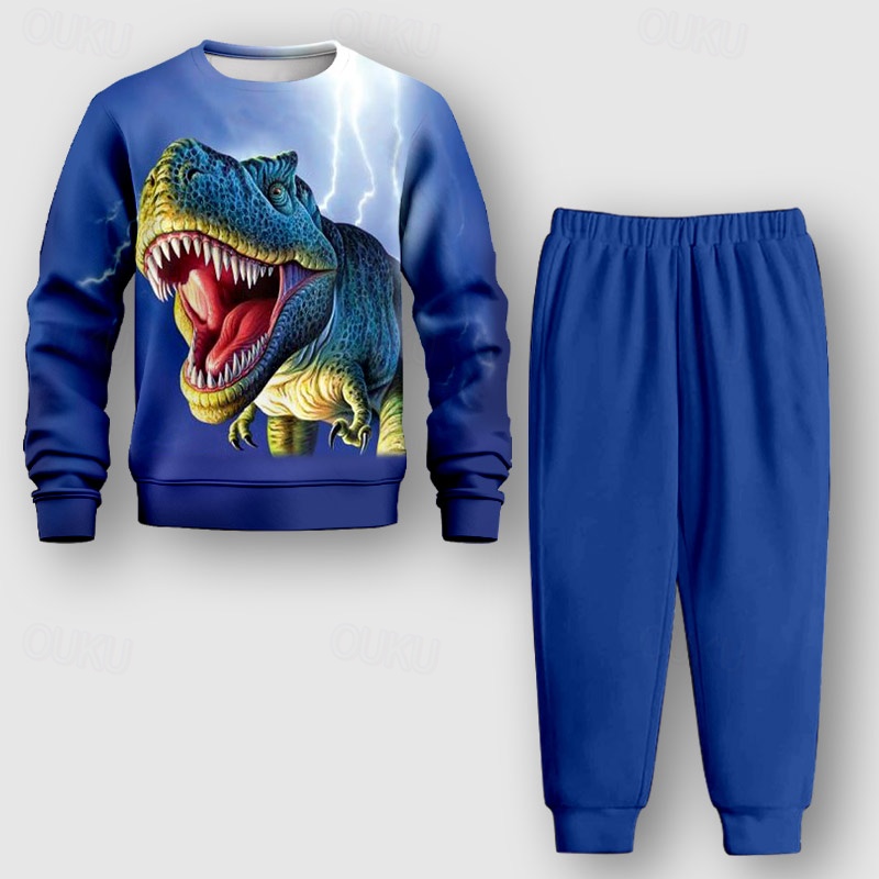 Set Di Felpa E Pantaloni Per Bambino 2 Pezzi: Tuta Invernale In Cotone Con Dinosauro, Trattore E Scavatore - Maglione E Jogger Per Gioco E Relax - 2