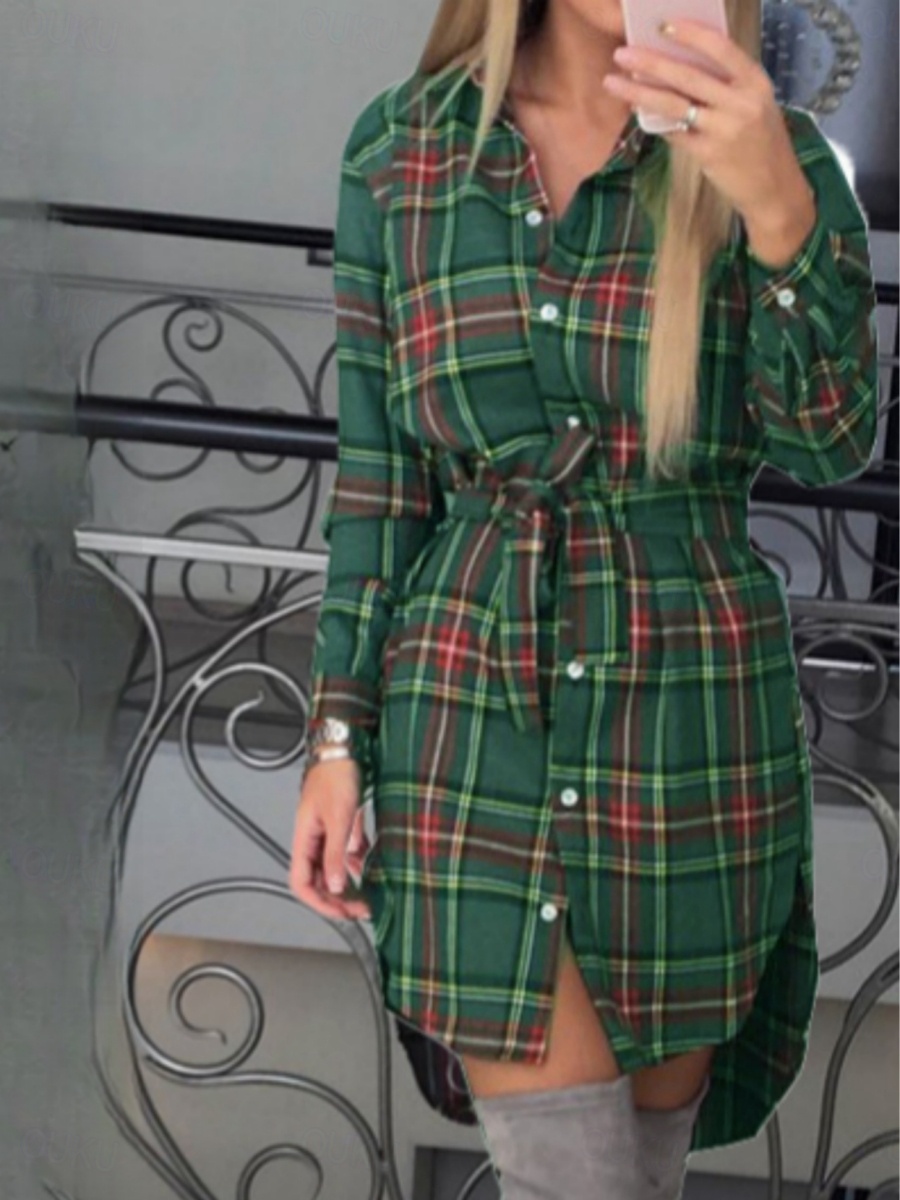 asymmetric plaid shirt dress Button Down Plaid Silk Dress with Asymmetrical Hem and Belted waist – Vicky  and Lucas main image 1
