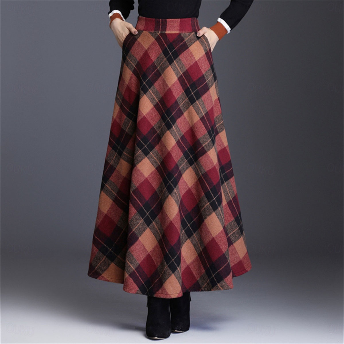 Jupe à Carreaux Taille Haute Femme - Jupe Écossaise A-Line Maxi Évasée Automne Hiver, Style Rétro Élégant