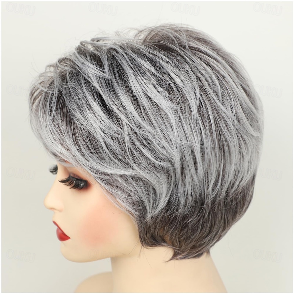 ATOZWIG Women's Short Pixie Wig - Silver Grey, Natural Straight Synthetic, 4 Inch, Cosplay