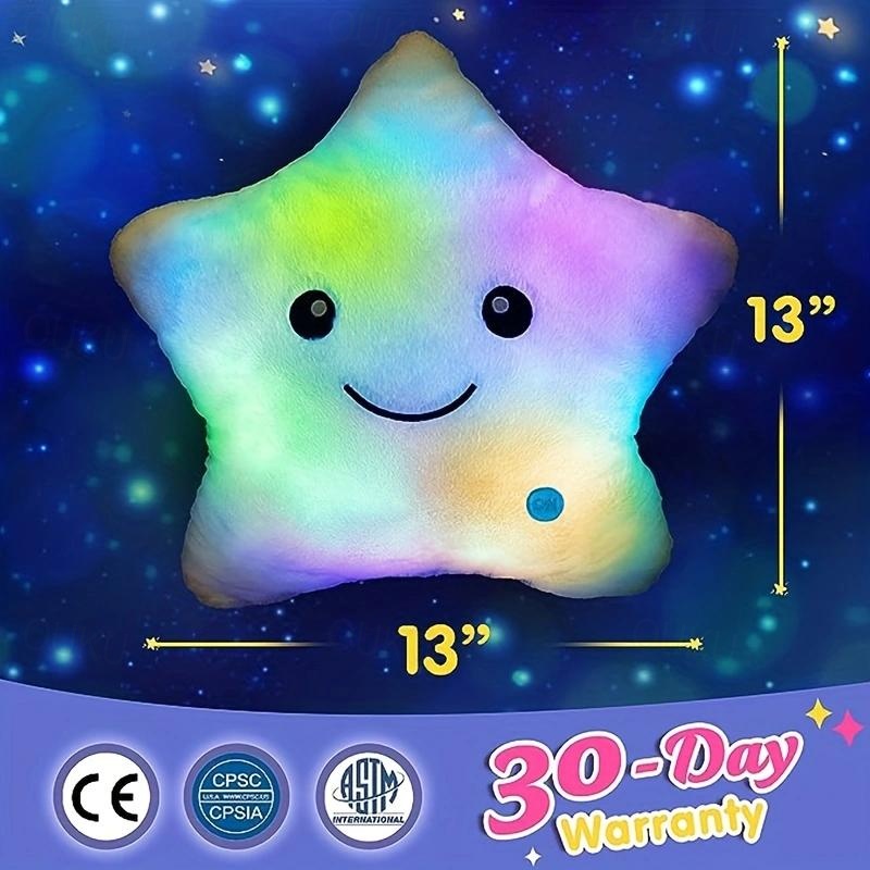 Cojín Luna De Peluche Con Luz LED – Estrella Brillante De 32×34 Cm – Juguete Nocturno Con Luces De Colores – Ideal Como Luz De Noche Y Decoración Para Bebés Y Niños