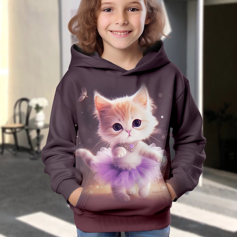 Girls 3D Cartoon Cat Hoodie Pullover Long Sleeve 3D Print Fall Winter Active Fashion Cute Kids 3 12 Years Outdoor Casual Daily Regular Fit 2024 kr. 189