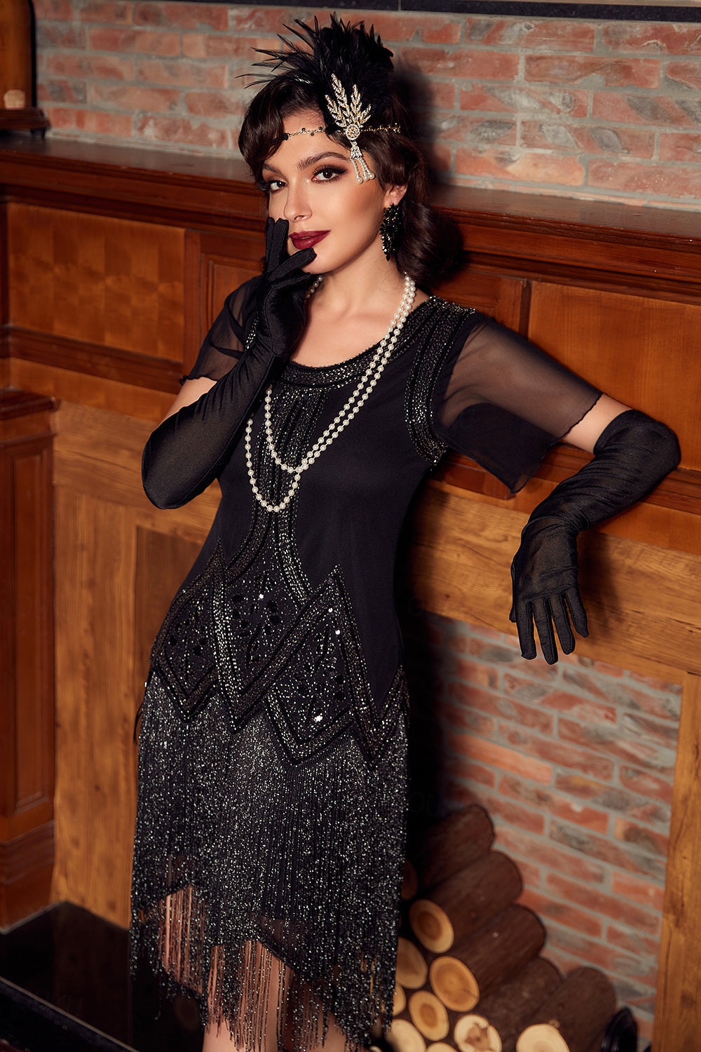 open lace back dress Zapaka Women Black 1920s Sequin Dress Fringed Vintage Party Dress, Black / L main image 1