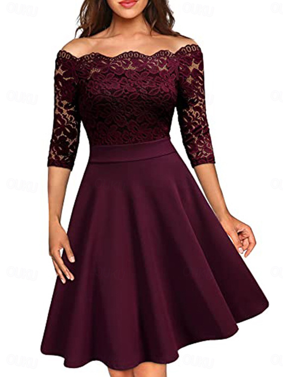 burgundy off shoulder skater dress Women's Off-Shoulder Lace A-Line Party Elegant Three-Quarter Sleeve Evening Wear Comfortable Fit Multiple Sizes 2026 Color:Jungle Green from shoulder to hem Outdoor wedding guest dress taupe maxi Classy Birthday Photoshoot Concepts