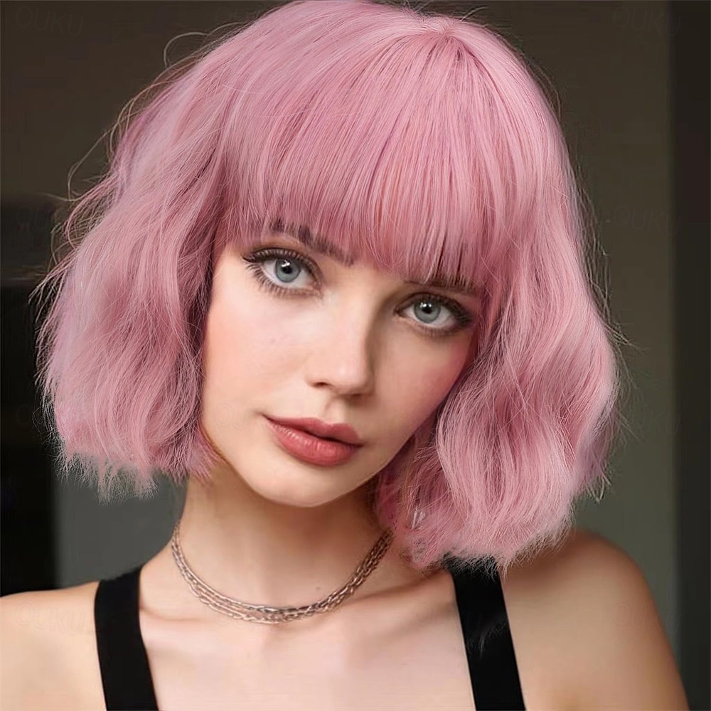 Pink Wig for Women Pastel Wavy Bob with Bangs Shoulder Length Synthetic Hair Amazon.com : LANCAINI Pastel Bob Wigs with Bangs for Women  main image 4