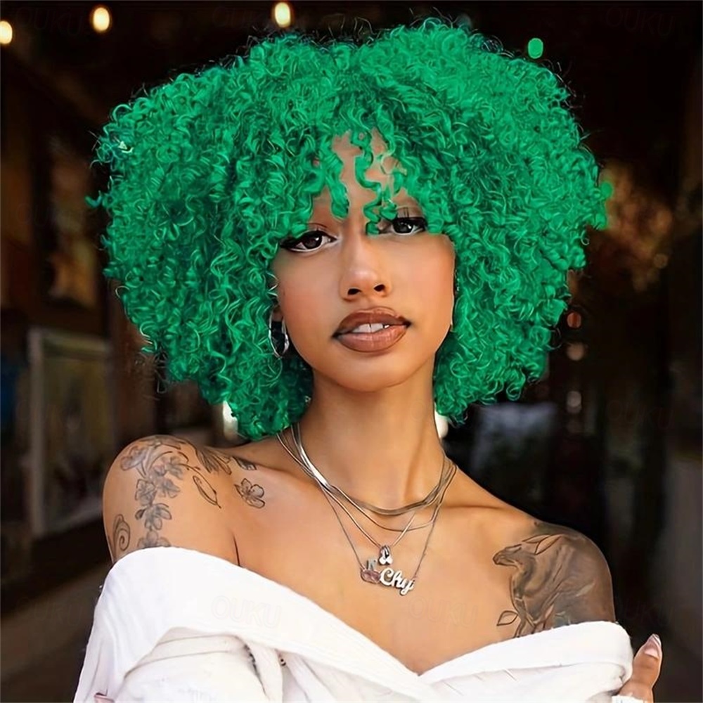 Afro Perücke – Schwarz – Lockig Mit Pony – Aus Synthetischem Hochtemperatur-Silikon – Für Damen