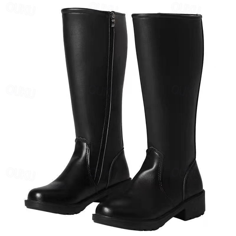 Men's Black Faux Leather Motorcycle Boots with Side Zipper