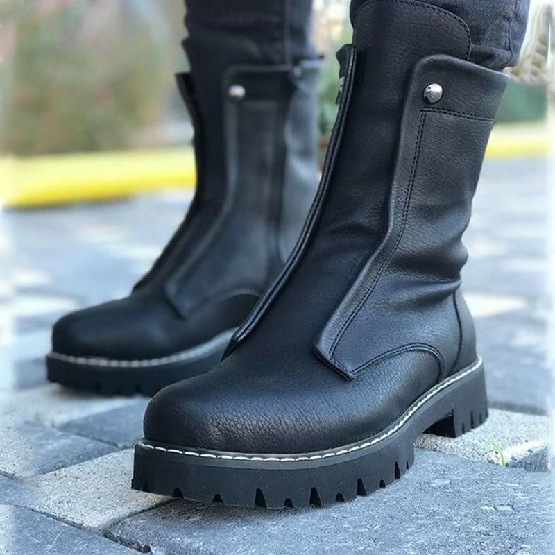 bottes mi mollet en similicuir noir pour femmes avec fermeture eclair sur le devant et semelle crantee bottes de moto elegantes et durables pour l exterieur de 2024 50.99