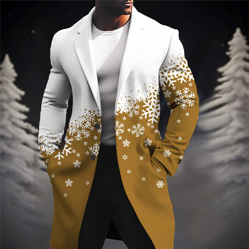 Men's Snowflake Winter Coat Overcoat Coat Warm Comfortable Breathable Business  Casual Christmas Work Wear to work Pocket Print Fall & Winter Turndown Long  Sleeve Wine Blue Purple 2026