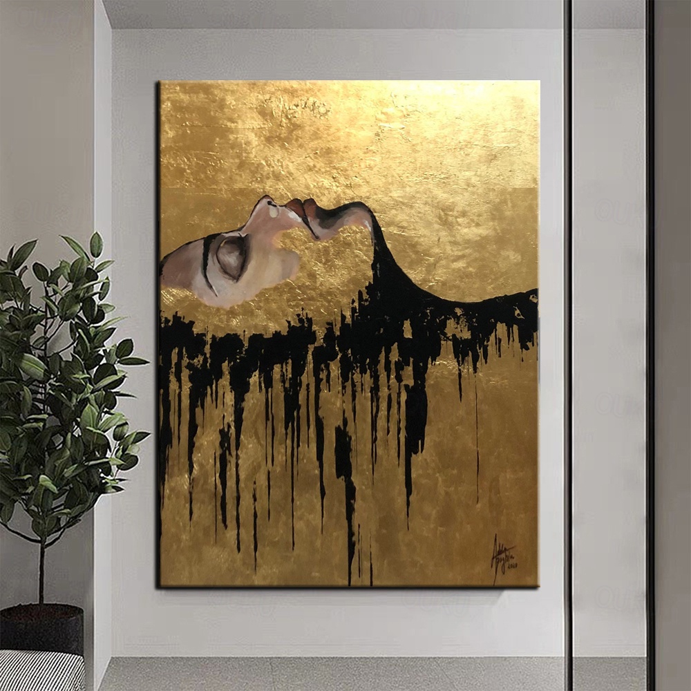 2026年 大きな手描きの黒とゴールドの絵画アクリル箔絵画キャンバス壁