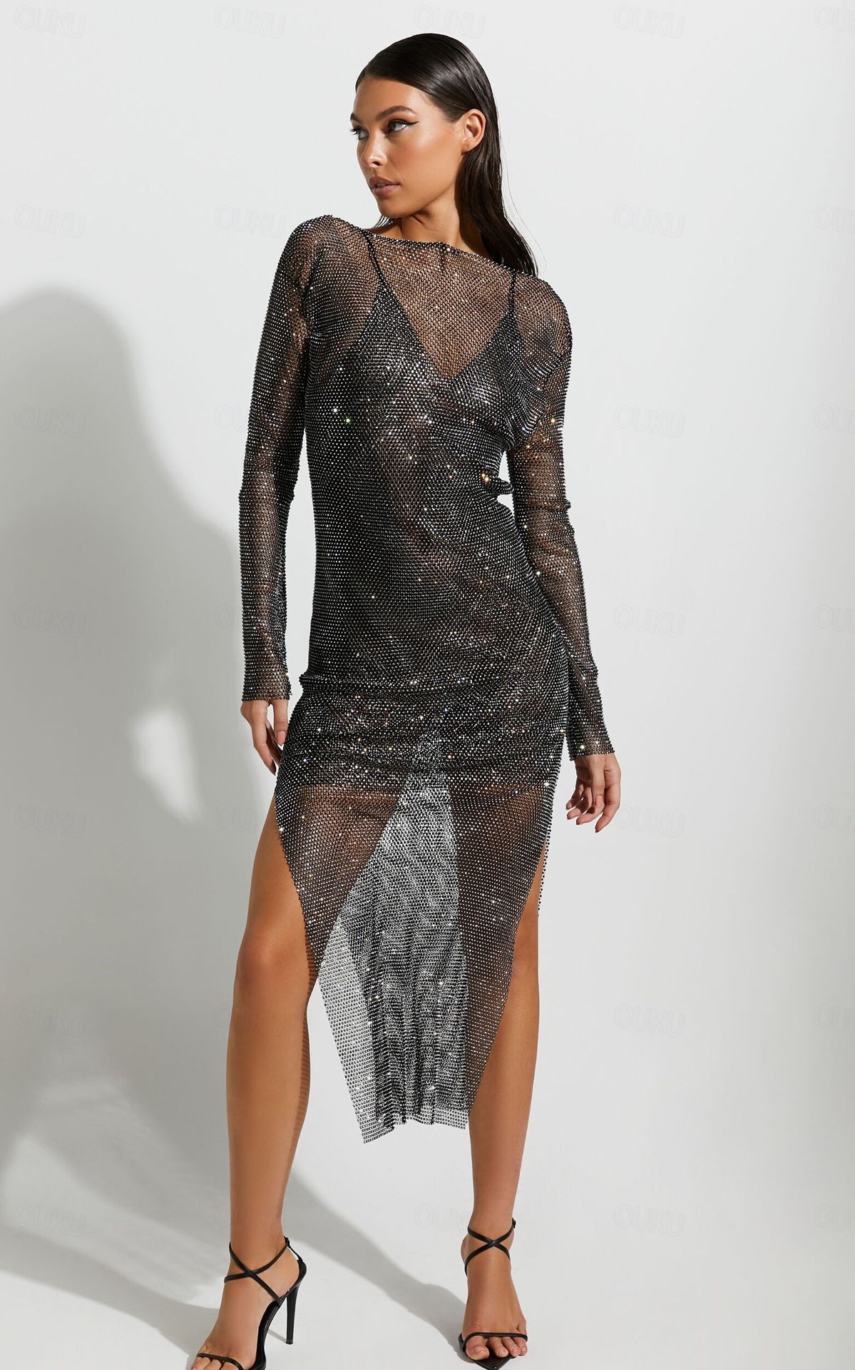 Metallic Sparkle Sexy Slit Dress Sheer Mesh Rhinestone Cover Up Disco  Women's Solid Color Party Club Adults' Dress 2026 - kr. 1121