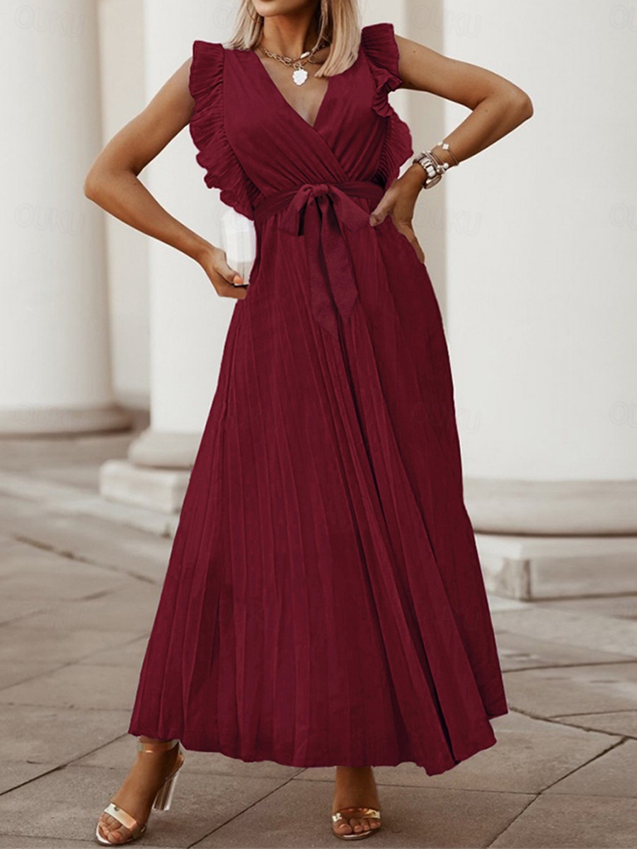 Women's Casual Dress Long Dress Maxi Dress Lace up Pleated Valentine's Day Date Vacation Red Valentines Dress Elegant V Neck Sleeveless Black White Wine Color 2026 - 26 Women's Casual Dress Long Dress Maxi Dress Lace up Pleated Valentine's Day Date Vacation Red Valentines Dress Elegant V Neck Sleeveless Black White Wine Color 2026 - 26