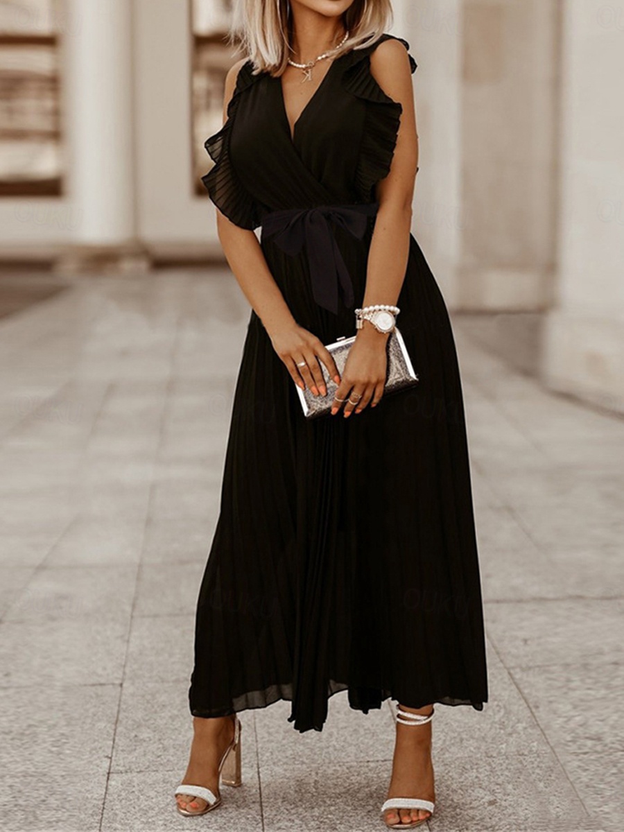 Women's Casual Dress Long Dress Maxi Dress Lace up Pleated Valentine's Day  Date Vacation Red Valentines Dress Elegant V Neck Sleeveless Black White  Wine Color 2026 -  26