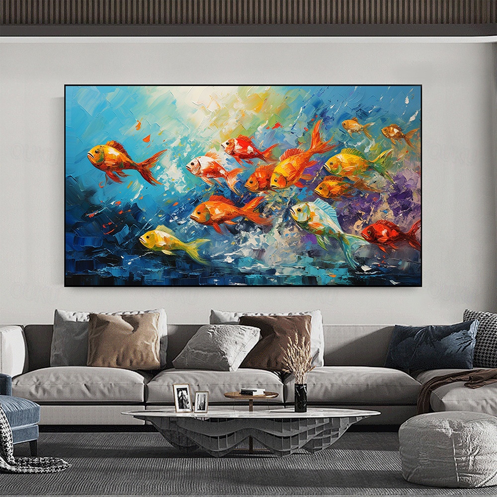 2026年 手描きの水泳魚油絵キャンバス特大動物絵画手作り壁アート抽象
