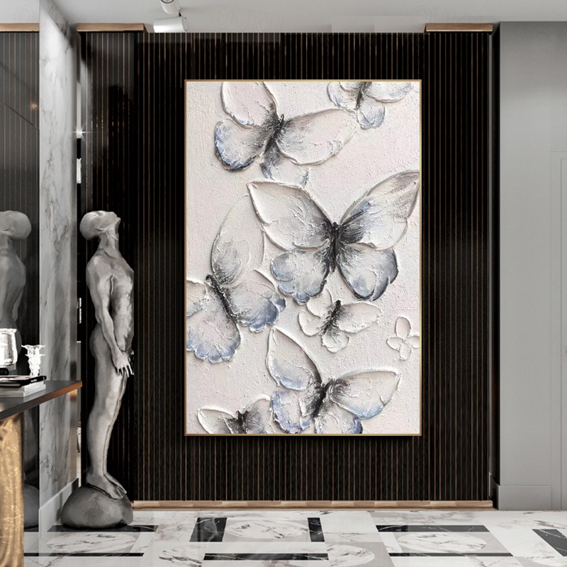 2026年 手描きの黒と白の蝶テクスチャー絵画パレットナイフ蝶アート