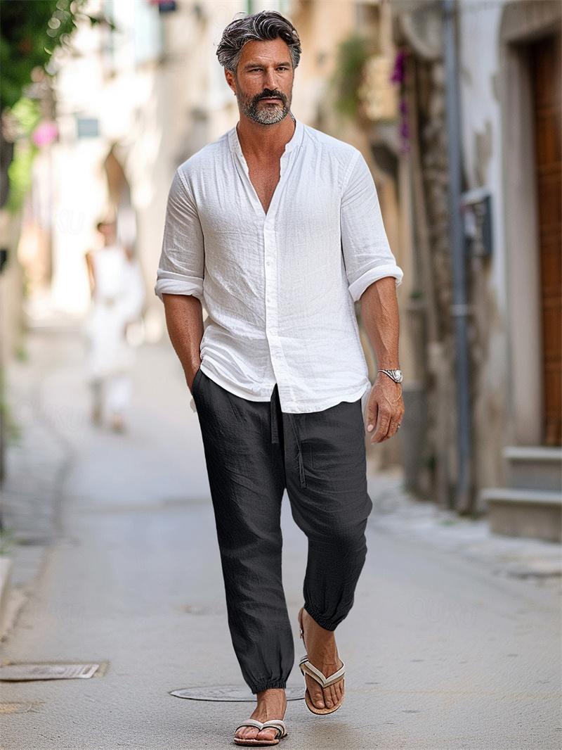 Men's shops Linen Trousers and Linen Top, Summer Set, Sleeveless Shirt with Fastener Dekorat on Buttons, Regular Fit Pants with Elastic Belt & Tie