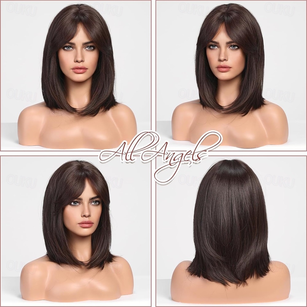 Perruque Courte Femme Synthétique 'MARINA 2' - Couleur Châtain Foncé Brun, Raie Libre, Bonnet Large - Neuve Avec étiquettes