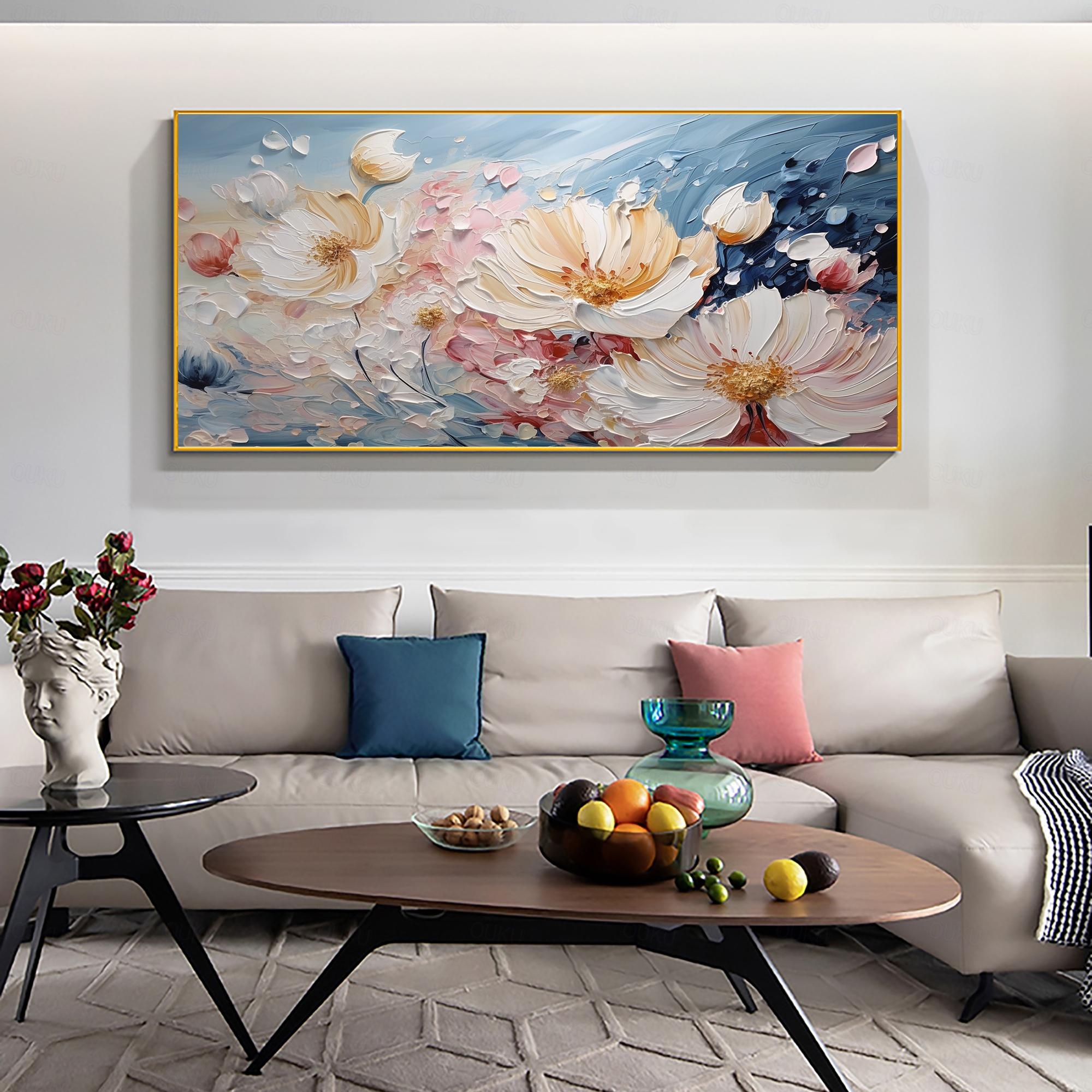 2026年 手作りのオリジナル白い花の油絵キャンバスピンクの花の壁