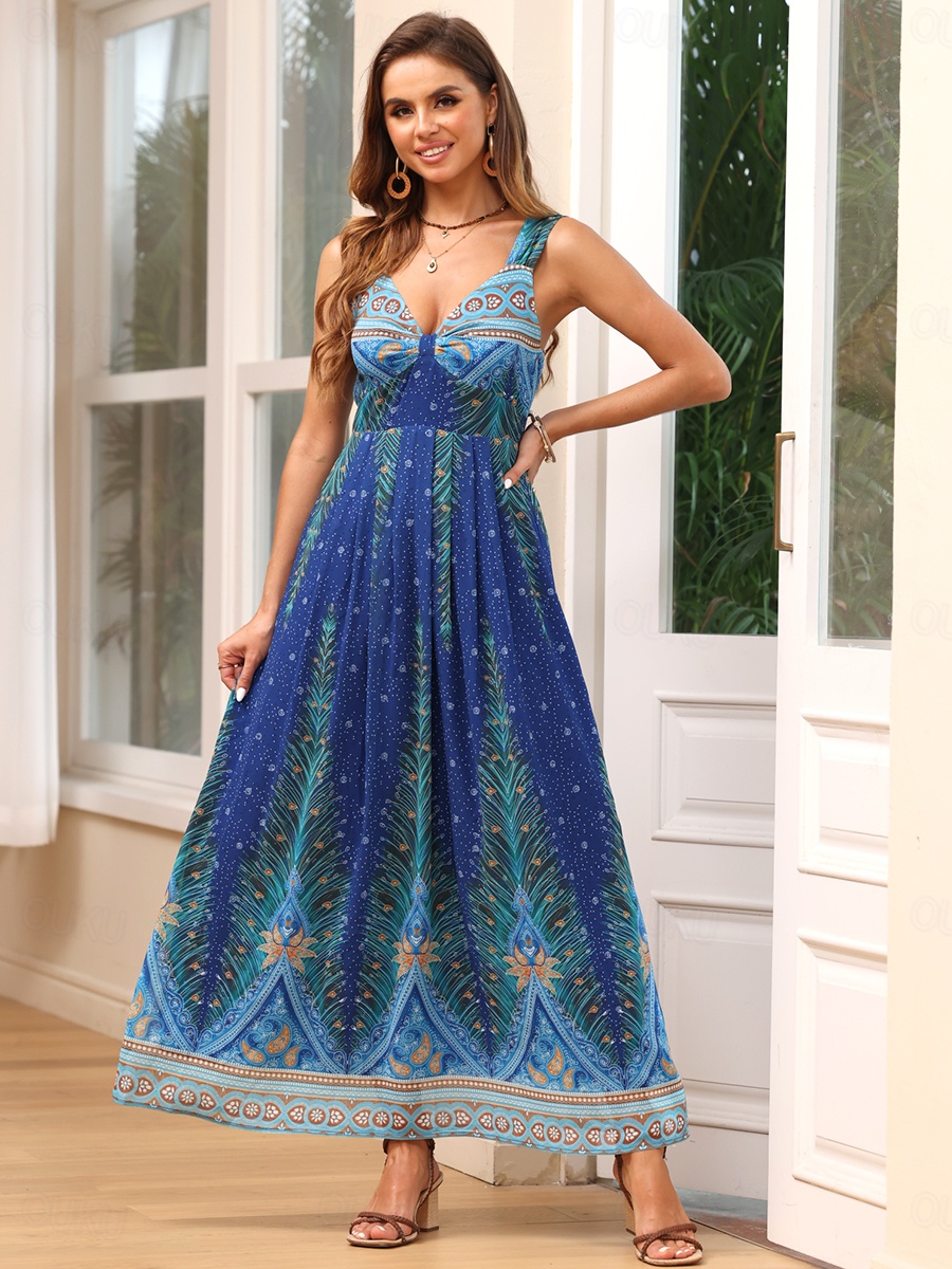 Women's Slip Maxi Dress Chiffon A Line Dress Peacock Feather Print V Neck  Boho Beach Vacation Sleeveless Summer 2026 -  57.99