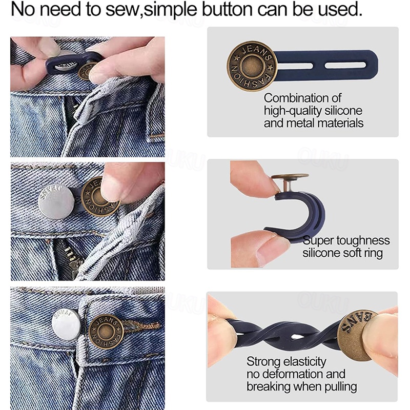 Bouton Extension De Taille Pantalon - Lot De 10 Extendeurs Elastiques Réglables (3 à 7.5 Cm) En Gel Silicone Et Métal - Pour Jeans, Grossesse, Homme Et Femme