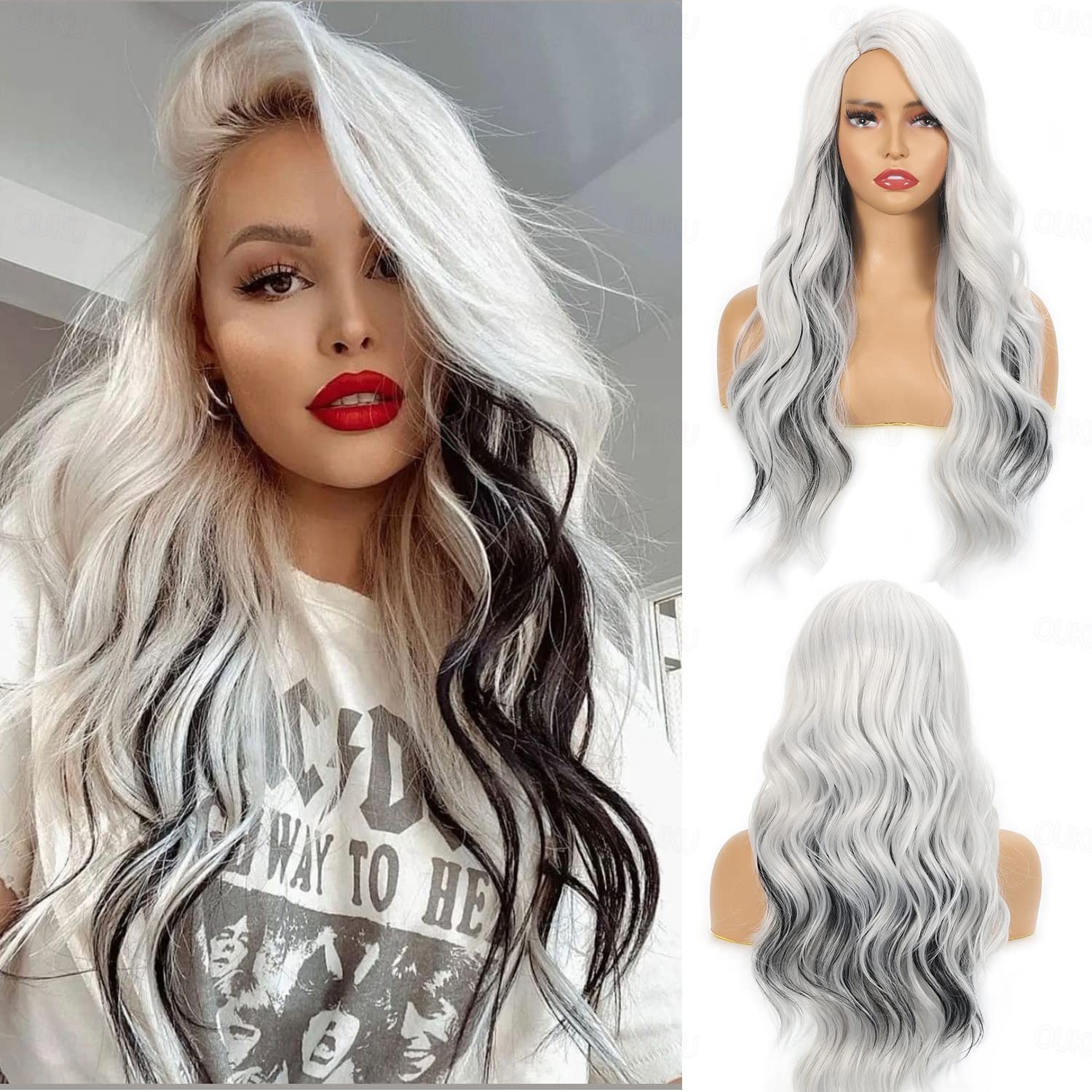 Long Ombre White Wigs for Black Women 26 28 Inch Long Wavy Wig with Bangs for