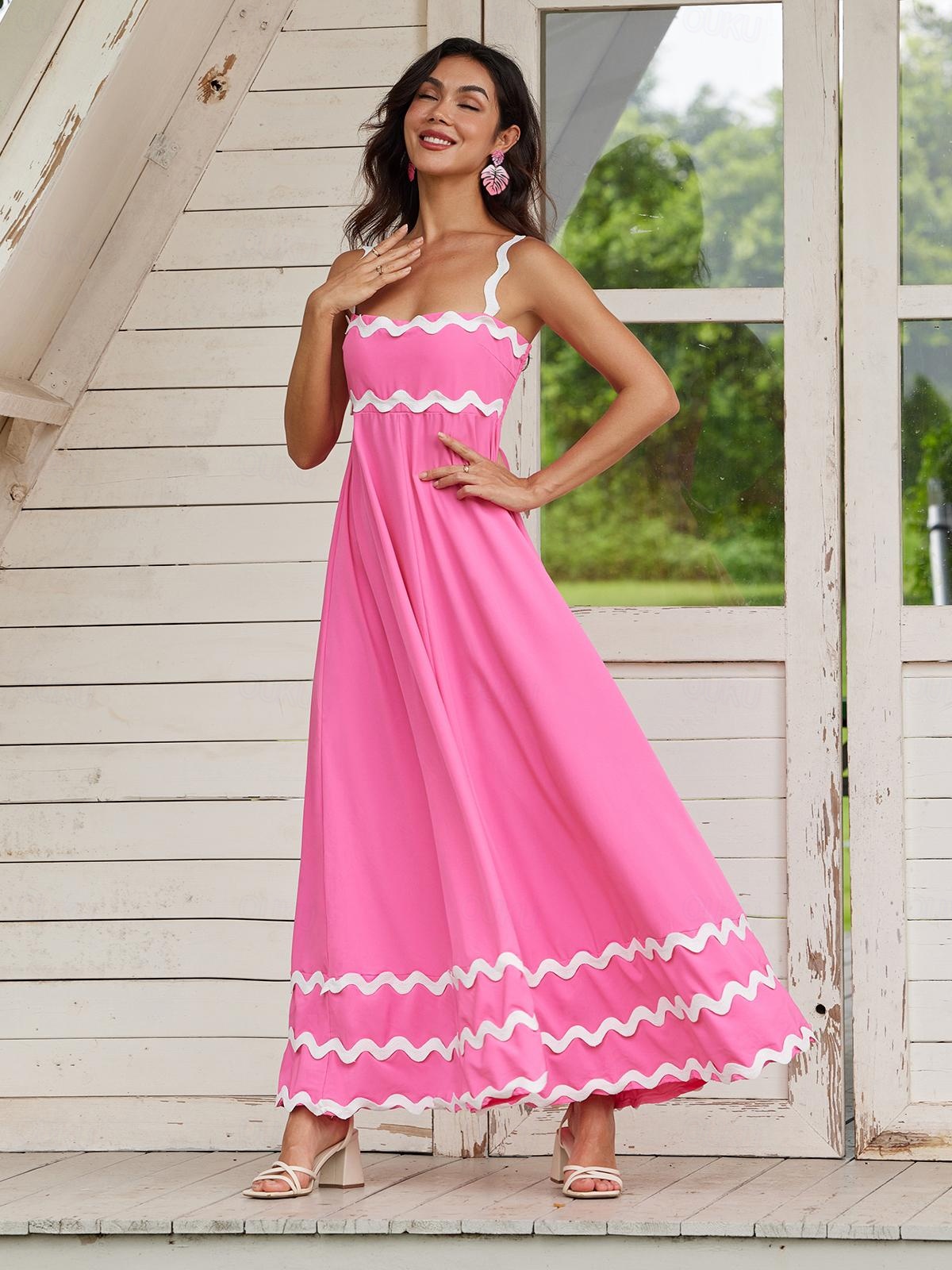 Women's A Line Dress Maxi Dress Lace Trim Elegant Spaghetti Strap  Sleeveless Pink Color 2026 - kr. 319