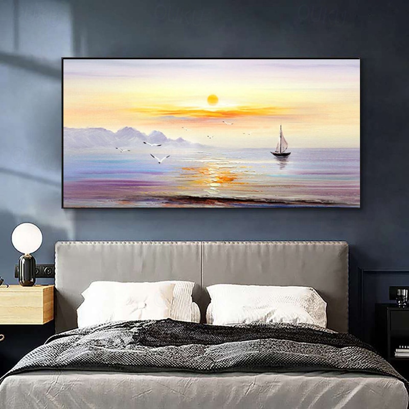 2026年 手作りの壁アート 海の質感 油絵 日の出 手描き 自然 風景